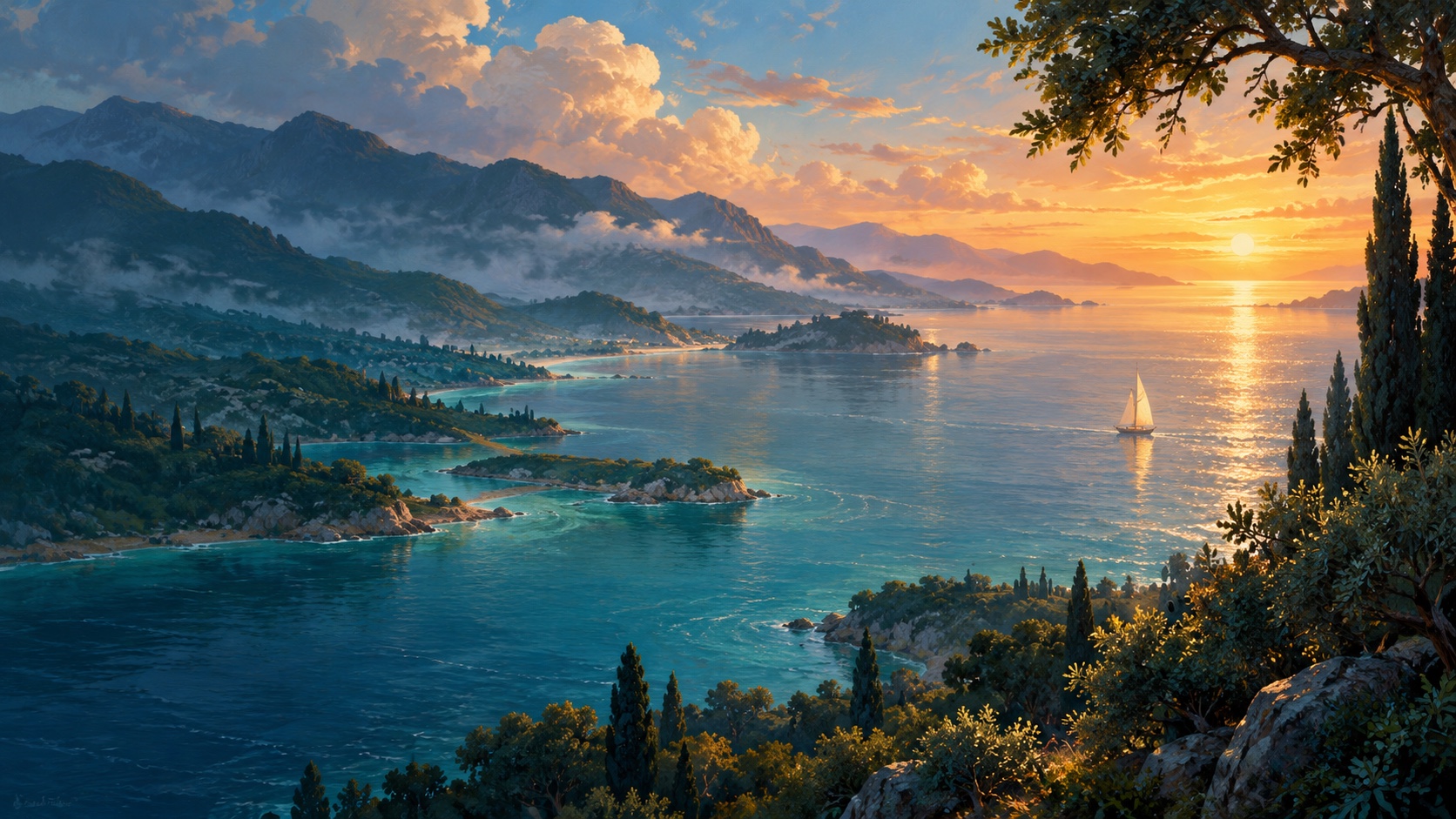 A quiet sailboat on a sunlit inlet, with mountain ridges emerging from the mist.